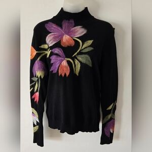 Nicole Alexander Sweater Black With Floral Felted Applique Sz Small Euc